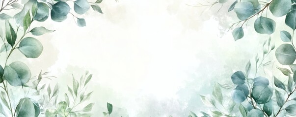 Delicate eucalyptus leaves frame a soft watercolor design.