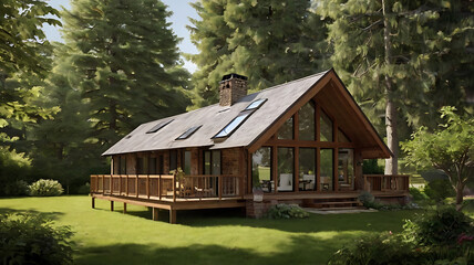 <Modern Eco-Friendly Wooden Cabin in Serene Forest Setting &ndash; Sustainable Architecture with Sunlit Deck and Tranquil Landscaping>