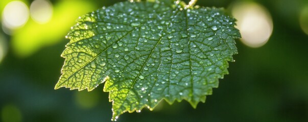 Close up of a vibrant green leaf with water droplets.