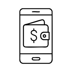 Black outline icon of a smartphone displaying a digital wallet with a dollar sign, representing mobile payment or e-wallet apps.