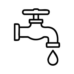 Minimal black line icon of a water tap with a dripping droplet, symbolizing water conservation, plumbing systems, and sustainable resource management.