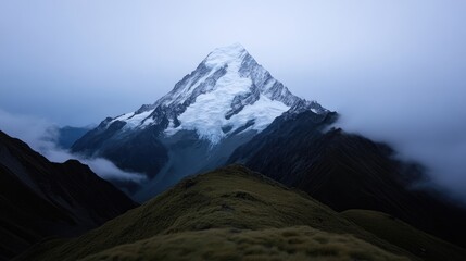 Fototapeta premium Majestic snow-capped peak rises above a misty mountain range. Vast, serene landscape