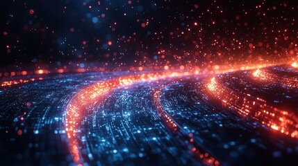 Abstract digital art shows a blue and red glowing network or stream.