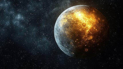 Fototapeta premium A planet with a burning side in a dark starry space background.