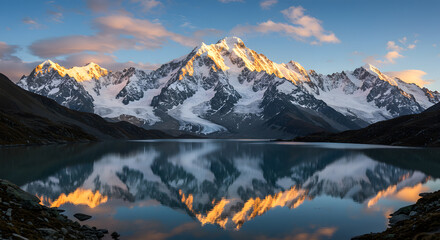 Snowy Mountain Peaks Reflecting on Lake Surface at Sunrise Scenery