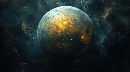 Planet with glowing spots surrounded by dark space and clouds.