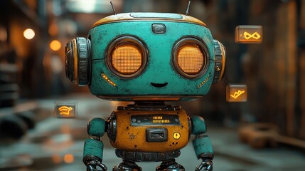 Cute robot with orange eyes stands in a blurred urban environment.
