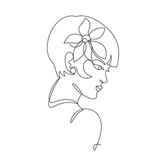 Young woman face with flower, drawn with continuous line in minimalism, abstract, feminine bohemian art, for prints, tattoos, posters, textile, cards, one line, editable vector contour