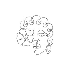 Young woman face with flower, drawn with continuous line in minimalism, abstract, feminine bohemian art, for prints, tattoos, posters, textile, cards, one line, editable vector contour