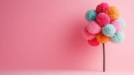 Colorful Pom Pom Tree Craft on Pink Background, Representing Festive and Playful Creativity. 