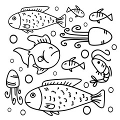 Black and white cartoon fish doodle bundle set