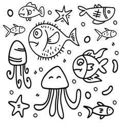 Cute hand drawn marine creatures doodle bundle set