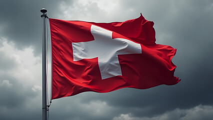 Switzerland's square red flag waves defiantly under storm clouds, its white cross shining through dramatic lighting.