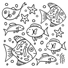 Fototapeta premium Hand drawn tropical ocean fish doodle bundle set