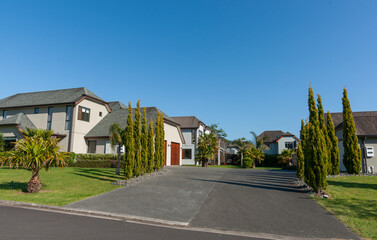 Small street of upmarket homes in subdivision with cypress lined entrance
