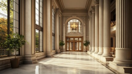 Obraz premium Grandiose Architectural Hallway: Sunlight Illuminates Elegant Columns and Windows