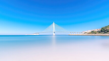 Obraz premium Cable-stayed Bridge Coastal Scene Vibrant Modern Style High-resolution Long Exposure Landscape View Soft Light Minimalist Design Tranquil Ocean Serenity Perfect for Travel Brochures