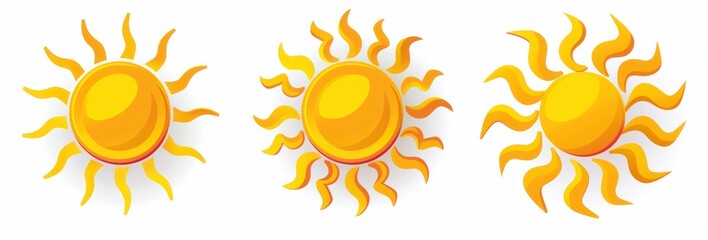 Three bright yellow sun illustrations with varying wavy sun rays on a white background conveying warmth and energy
