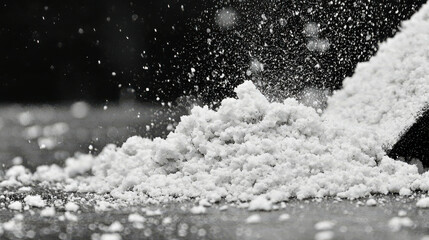 Fine White Powder Granules Spilling from a Scoop Creating a Cloud of Dust on Dark Surface