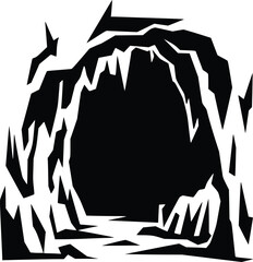 Black and white bold vector of a cave entrance, isolated on white background.