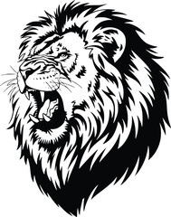Black and white bold vector of a roaring lion, isolated on white background.
