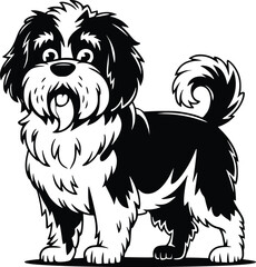 Black and white bold vector of a standing dog, isolated on white background.