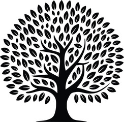 Black and white bold vector of a leafy tree, isolated on white background.