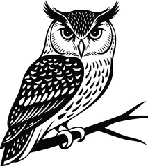 Black and white bold vector of a owl sitting on branch, isolated on white background.