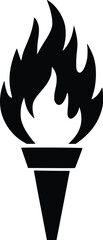 Black and white bold vector of a flaming torch, isolated on white background.