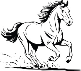 Black and white bold vector of a running horse, isolated on white background.
