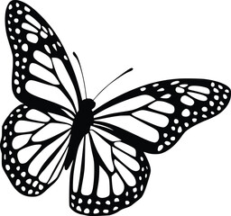 Black and white bold vector of a flying butterfly, isolated on white background.