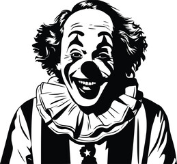 Black and white bold vector of a laughing clown, isolated on white background.