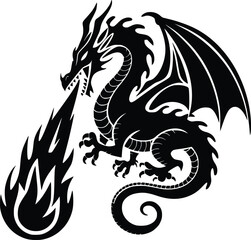 Black and white bold vector of a dragon breathing fire, isolated on white background.