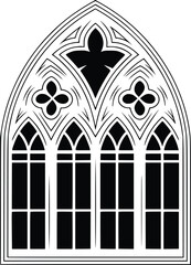 Obraz premium Black and white bold vector of a gothic window, isolated on white background.