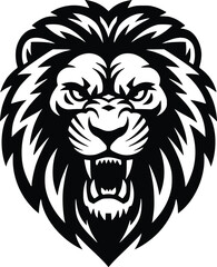 Black and white bold vector of a fierce lion head, isolated on white background.