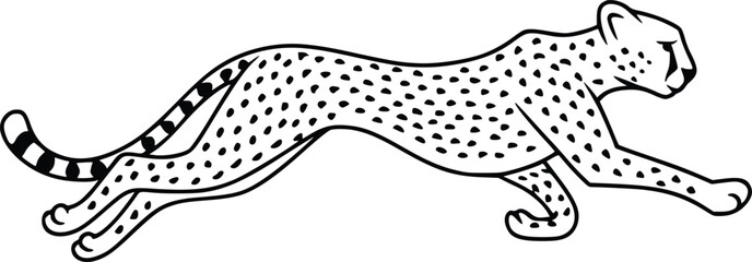 Black and white bold vector of a cheetah sprinting, isolated on white background.