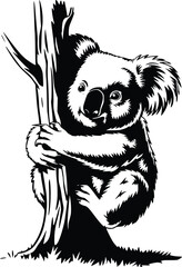 Black and white bold vector of a koala hugging tree, isolated on white background.
