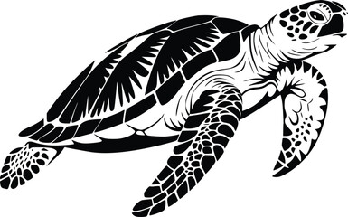 Black and white bold vector of a sea turtle swimming, isolated on white background.