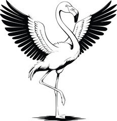 Black and white bold vector of a flamingo balancing, isolated on white background.