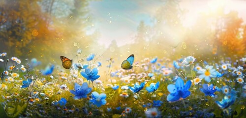 Fototapeta premium bright sunny meadow filled with various blue and white wildflowers with two butterflies fluttering above on a warm glowing day