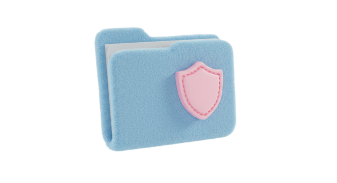 A light blue folder with a pink shield attached to the front on a black color background view
