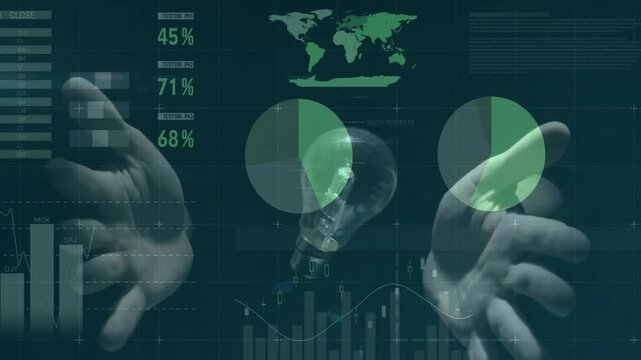 Incandescent light bulb floating amid dark digital HUD scene, displaying pie charts and bar charts