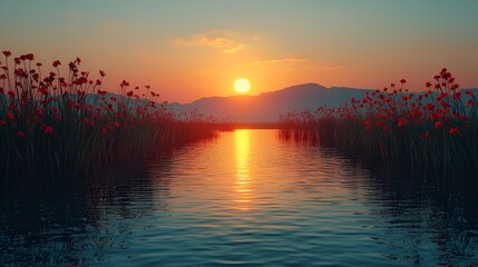 Obraz premium Serene sunset over calm water with red flowers.