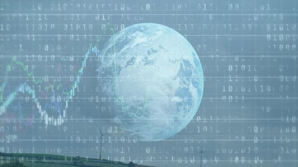 Translucent Earth globe floating over hill blending wind turbines with 3D binary chart overlays - Powered by Adobe