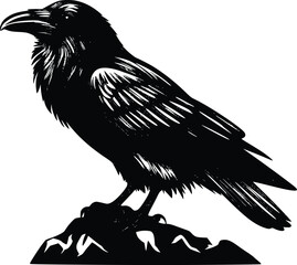 Black and white bold vector of a raven on rock, isolated on white background.