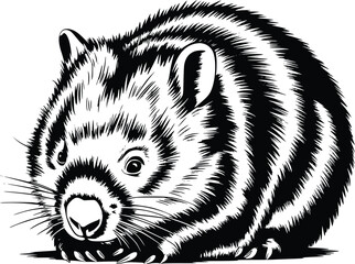 Black and white bold vector of a wombat resting, isolated on white background.