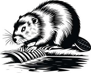 Black and white bold vector of a beaver building dam, isolated on white background.