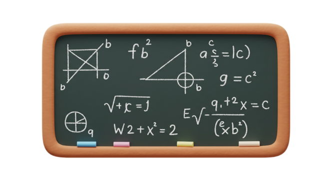 A chalkboard filled with mathematical equations and diagrams in white chalk drawing style art