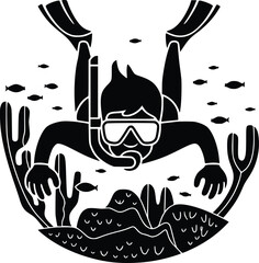 Black and white bold vector of a snorkeler above reef, isolated on white background.