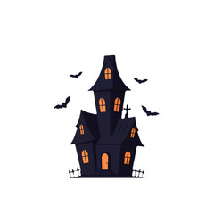 A spooky haunted house surrounded by bats on a dark night.